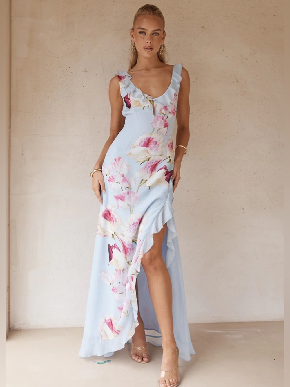 Runaway The Label inayah floral maxi dress NWT SMALL ruffle sleeve side slit